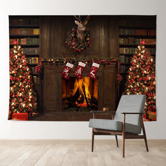 Aperturee - Christmas Wreath With Trees Night Holiday Backdrop