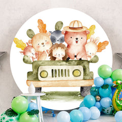 Aperturee - Circle Animals And Car Round Baby Shower Backdrop