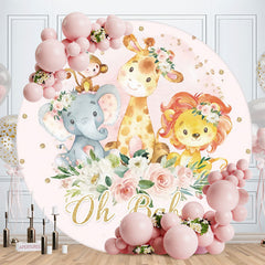 Aperturee - Circle Animals Pink Baby Shower Backdrop For Girl