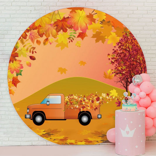 Aperturee - Circle Autumn Leaves And Truck Round Birthday Backdrop