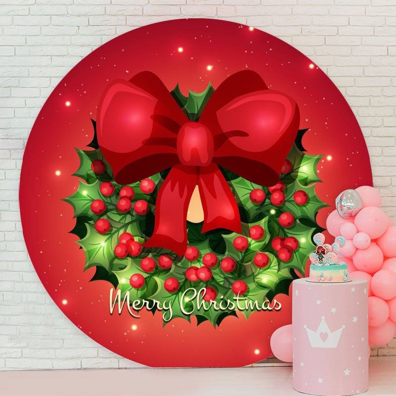 Aperturee - Circle Bow And Leaves Red Christmas Backdrop