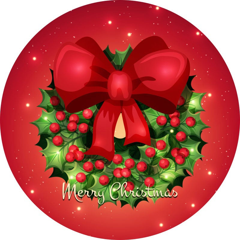 Aperturee - Circle Bow And Leaves Red Christmas Backdrop