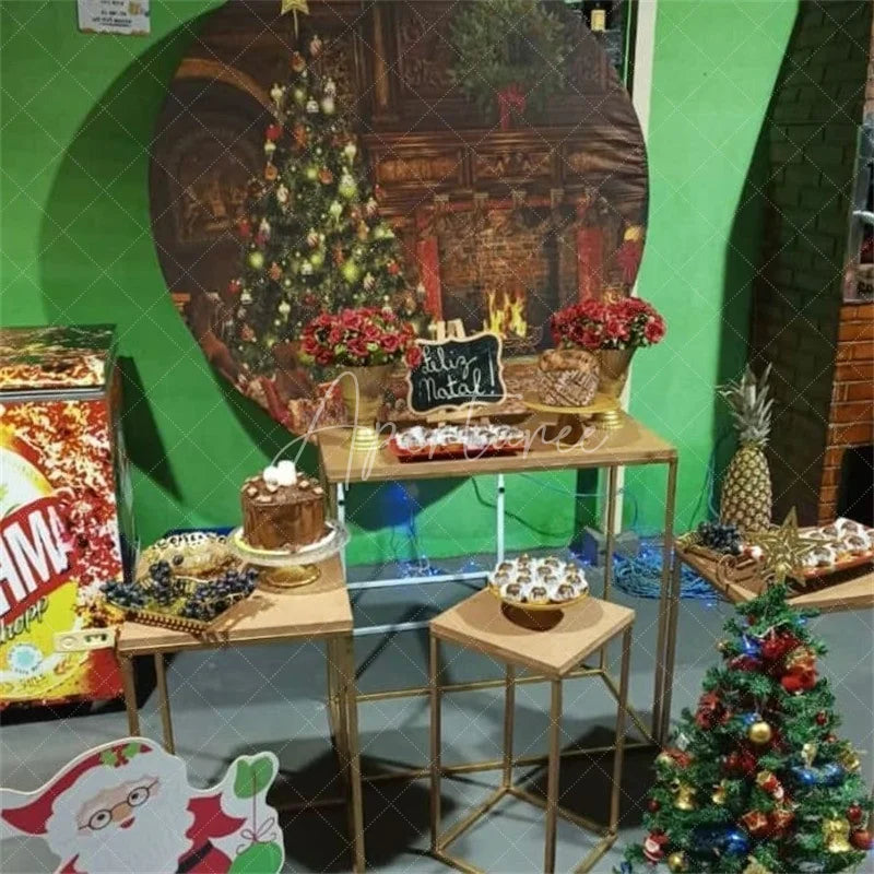 Aperturee - Circle Brown Wall And Christmas Tree Backdrop For Party