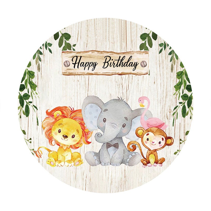 Aperturee - Circle Cute Animals Wood Backdrop For Happy Birthday
