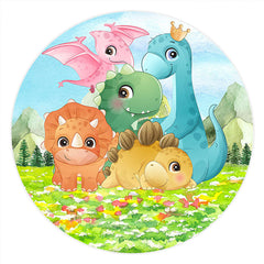 Aperturee Circle Dinosaur Family Grass Kids Birthday Backdrop