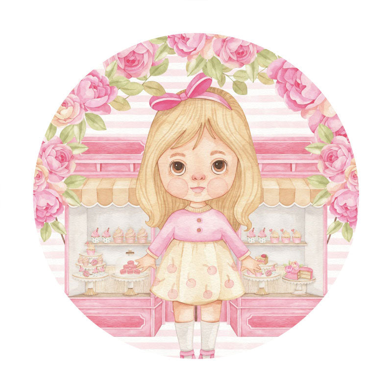 Aperturee - Circle Girl And Cake Store Pink Birthday Backdrop