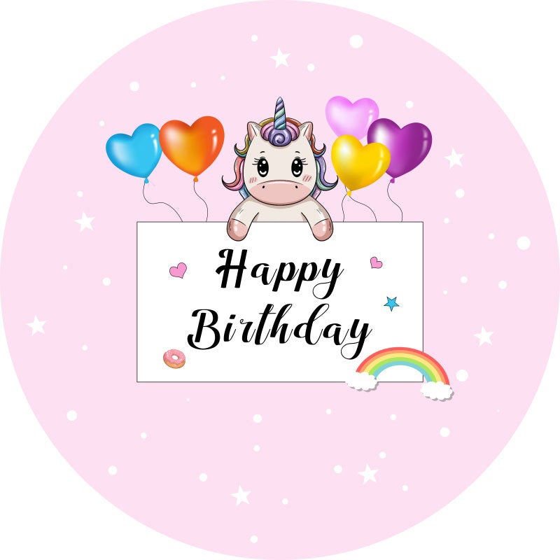 Aperturee - Circle Little Unicorn And Ballon Round Birthday Backdrop