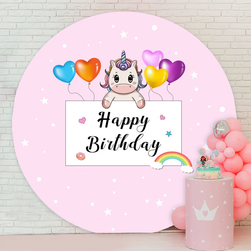 Aperturee - Circle Little Unicorn And Ballon Round Birthday Backdrop