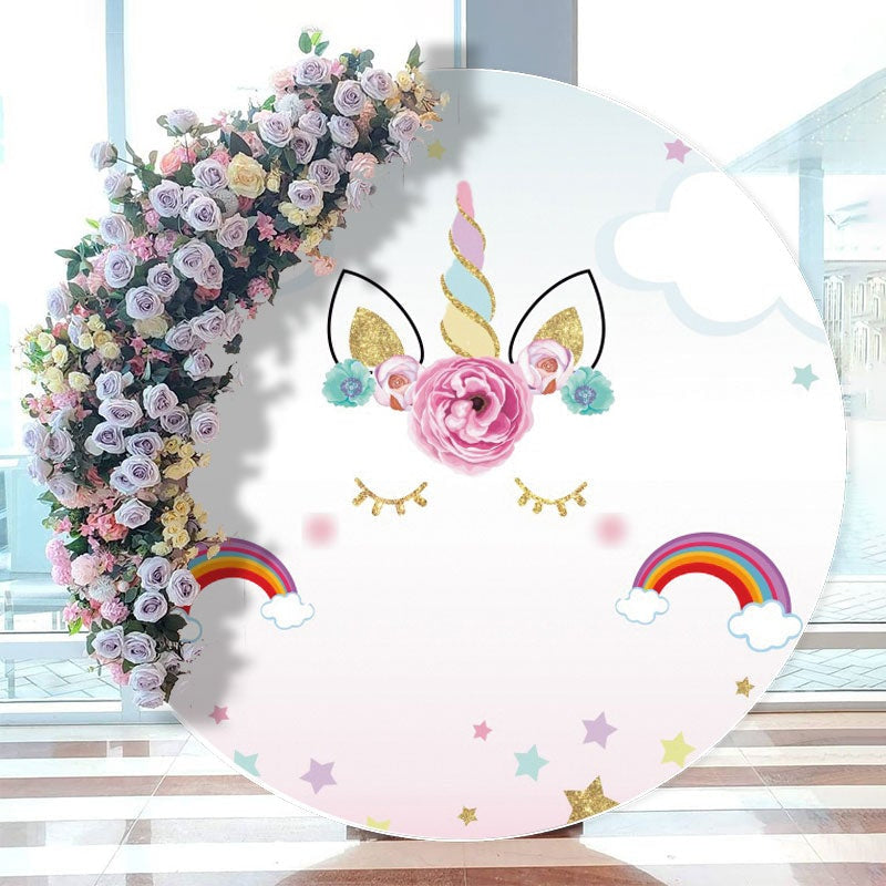 Aperturee - Circle Rainbow Unicorn Happy Birthday Backdrop For Girl