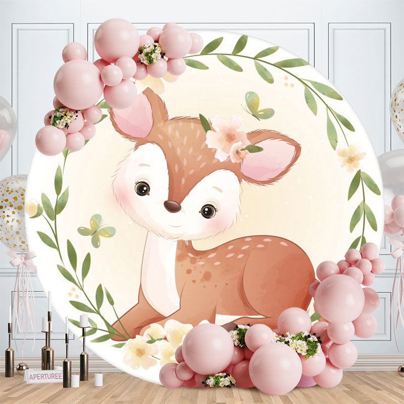 Aperturee - Circle Sika Deer And Floral Baby Shower Backdrop