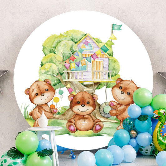 Aperturee - Circle Teddy Bears And Tree Baby Shower Backdrop