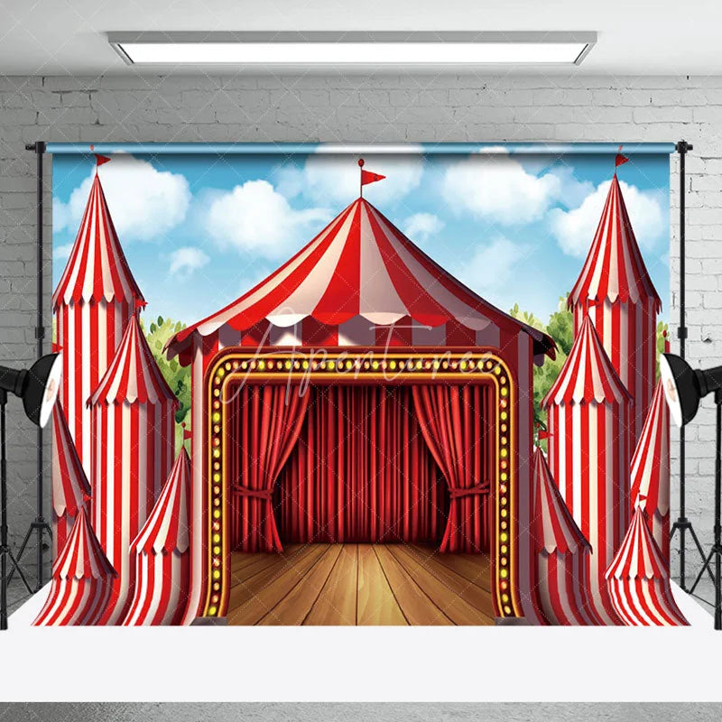 Aperturee - Circus Wood Stage Red Curtain Photo Backdrop
