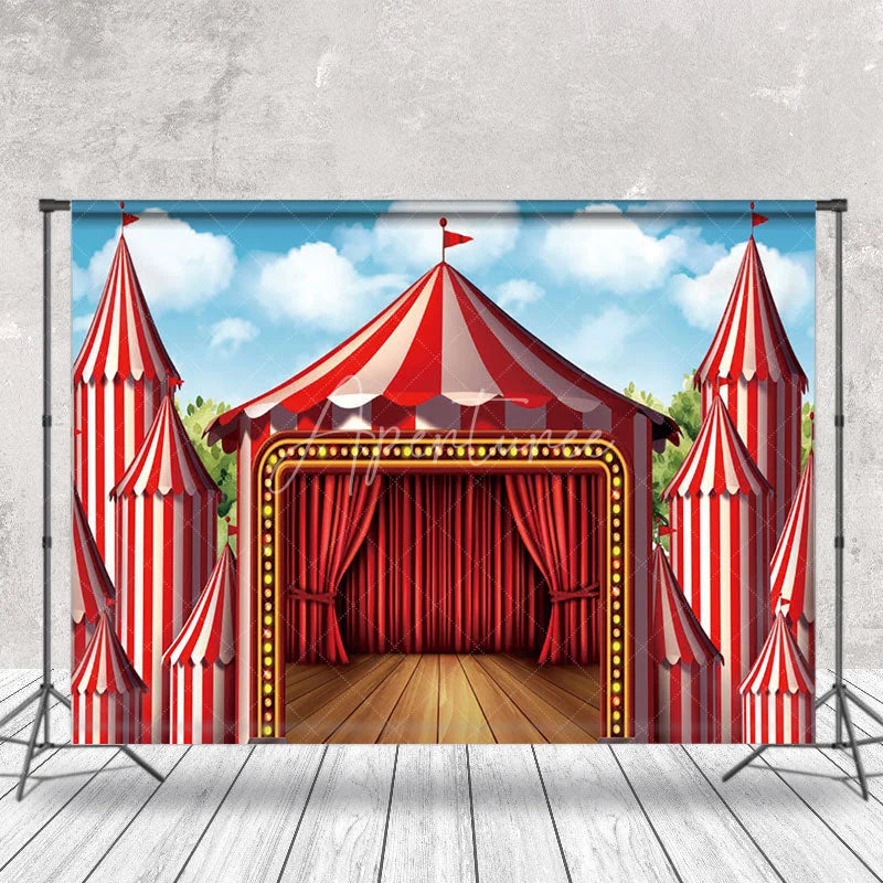 Aperturee - Circus Wood Stage Red Curtain Photo Backdrop
