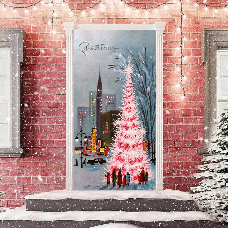 Aperturee - City Night View Tree Paint Door Cover For Christmas