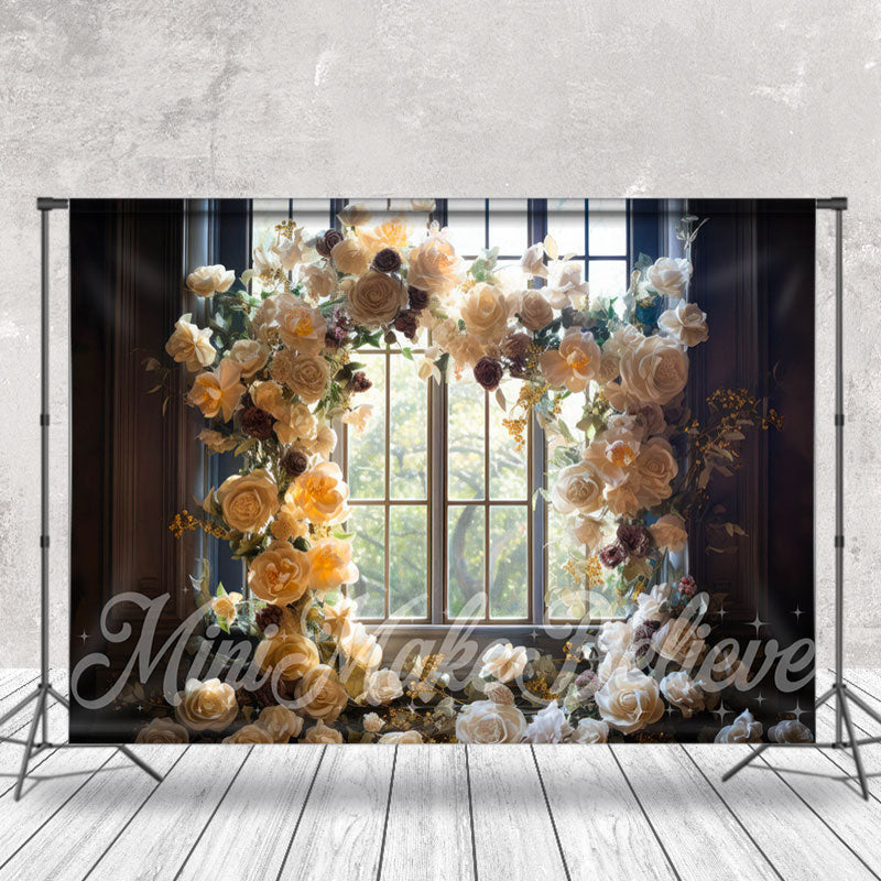 Aperturee - Clear Glass Window White Floral Arch Flower Backdrop