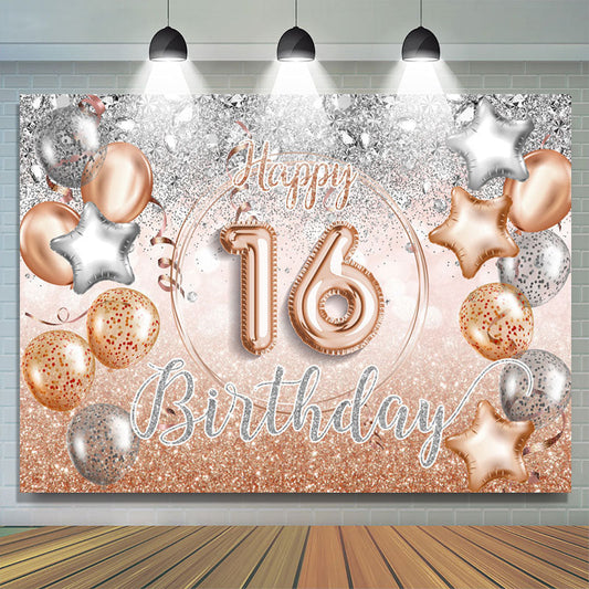 Aperturee Silver Rose Gold Balloon Happy 16Th Birthday Backdrop