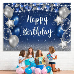 Aperturee Blue and Silver Star Balloon Happy Birthday Backdrop