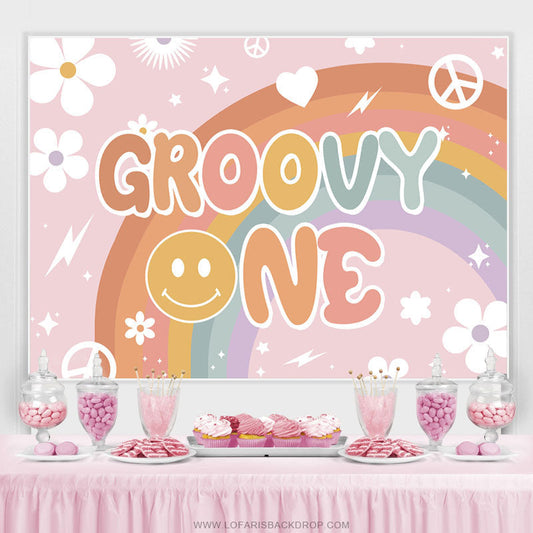 Aperturee (Clearance) White Floral And Rainbow Pink Groovy One Birthday Backdrop