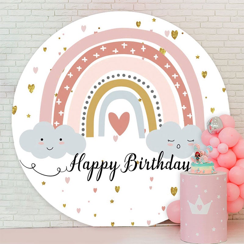 Aperturee - Cloud Rainbow Round Happy Birthday Backdrop For Party