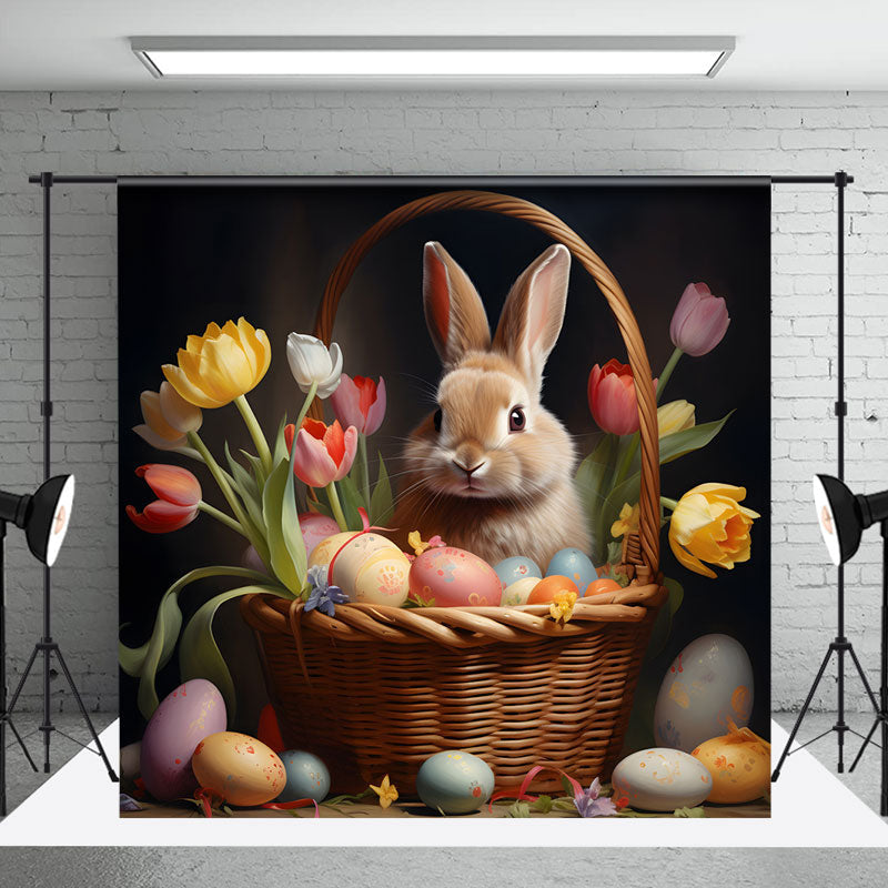 Aperturee - Colored Tulip Bunny Basket Easter Backdrop For Photo