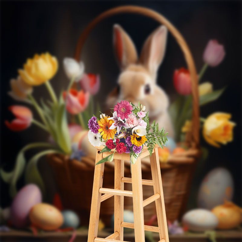 Aperturee - Colored Tulip Bunny Basket Easter Backdrop For Photo