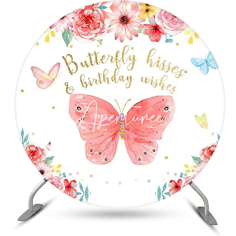 Aperturee - Colorful Butterfly Floral Round Birthday Backdrop