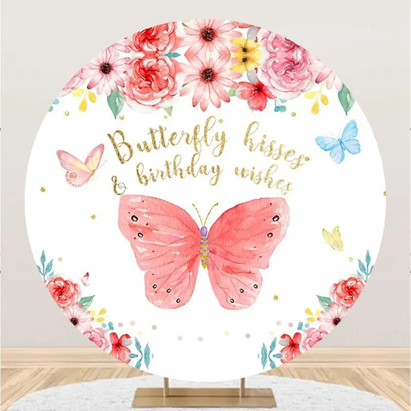 Aperturee - Colorful Butterfly Floral Round Birthday Backdrop