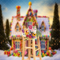 Aperturee - Colorful Candyland House Snowy Field Winter Backdrop