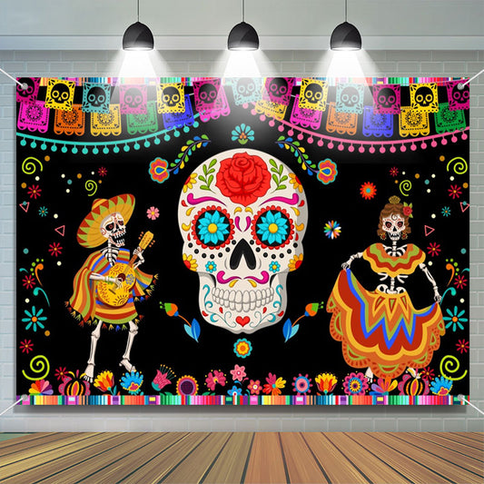 Aperturee - Colorful Floral Skull Black Mexican Fiesta Backdrop