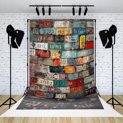 Aperturee - Colorful License Plate Brick Wall Photo Backdrop