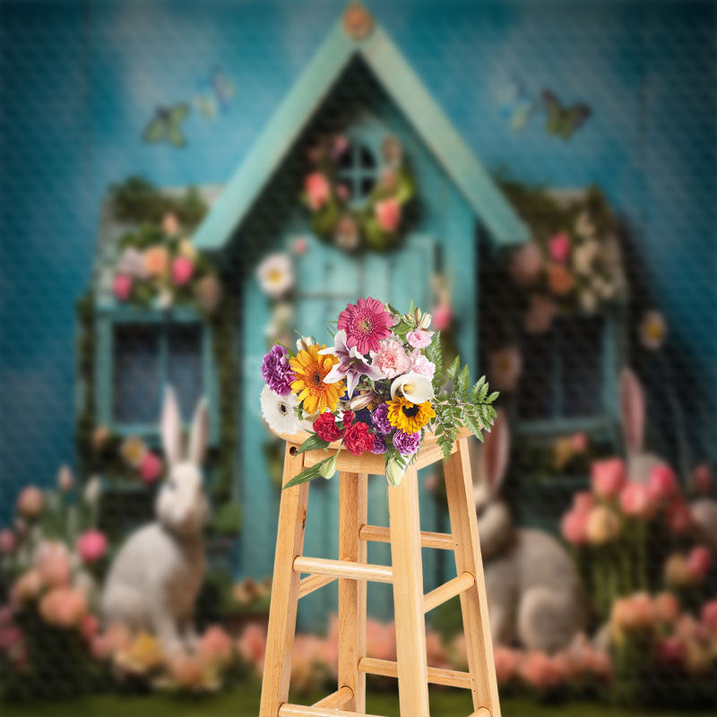 Aperturee - Colorful Tulip Rerto Turquoise Bunny Photo Backdrop