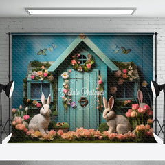 Aperturee - Colorful Tulip Rerto Turquoise Bunny Photo Backdrop