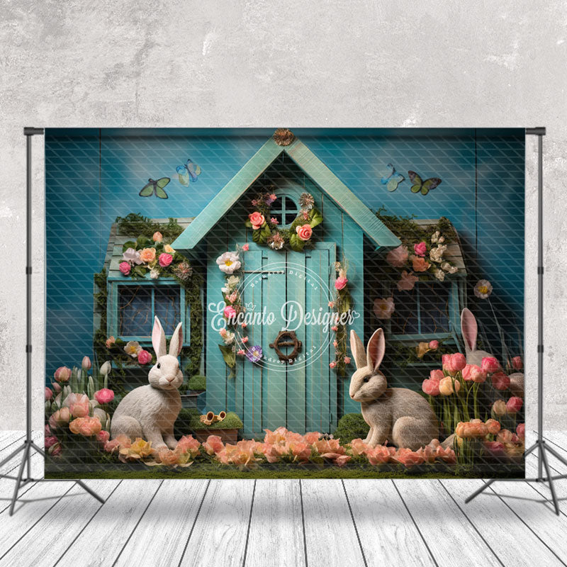 Aperturee - Colorful Tulip Rerto Turquoise Bunny Photo Backdrop