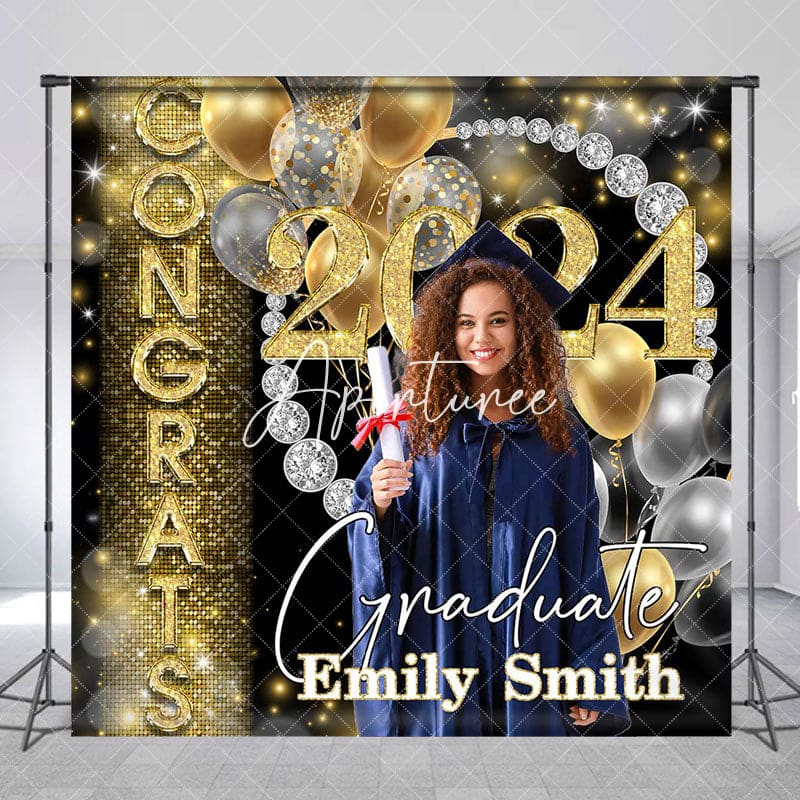 Aperturee - Congrats Diamond Gold Black Bokeh Custom Grad Backdrop