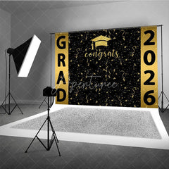 Aperturee - Congrats Golden Ribbons Black Graduation Backdrop
