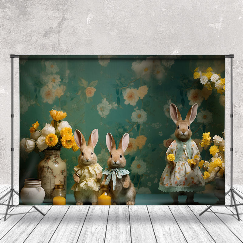 Aperturee - Country Green Rabbit Yellow Vase Easter Backdrop