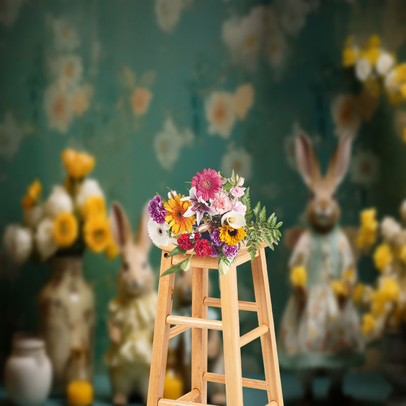 Aperturee - Country Green Rabbit Yellow Vase Easter Backdrop