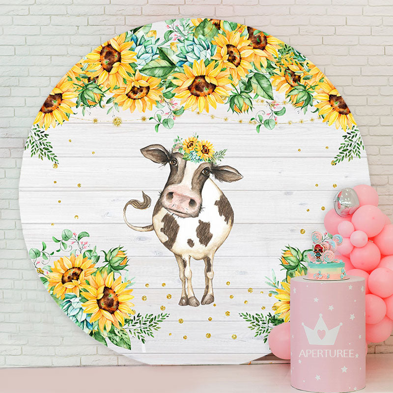 Aperturee - Cow Sunflower Wood Round Birthday Party Backdrop