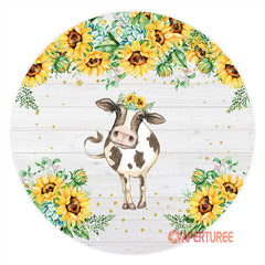 Aperturee - Cow Sunflower Wood Round Birthday Party Backdrop