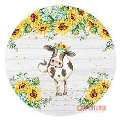 Aperturee - Cow Sunflower Wood Round Birthday Party Backdrop