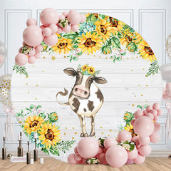 Aperturee - Cow Sunflower Wood Round Birthday Party Backdrop