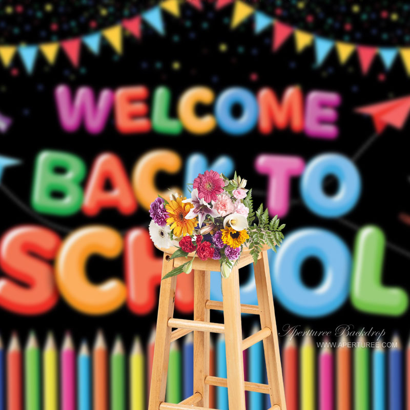 Aperturee - Crayons Glitter Black Welcome Back To School Backdrop