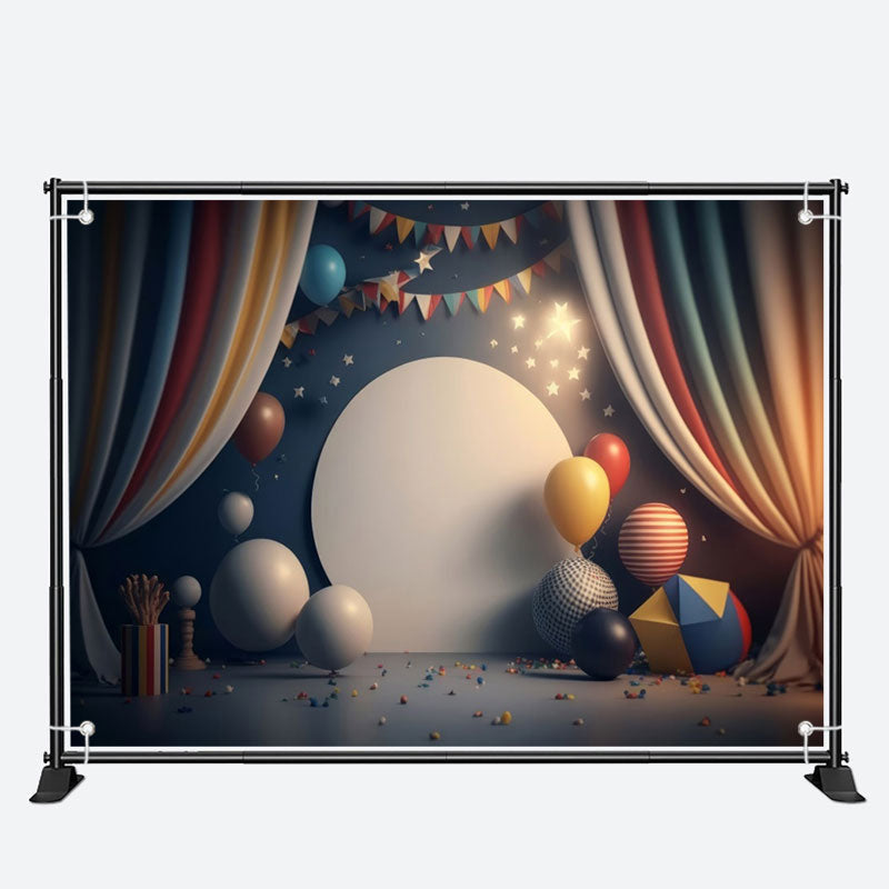 Aperturee - Curtain Dark Blue Balloons 1st Birthday Backdrop