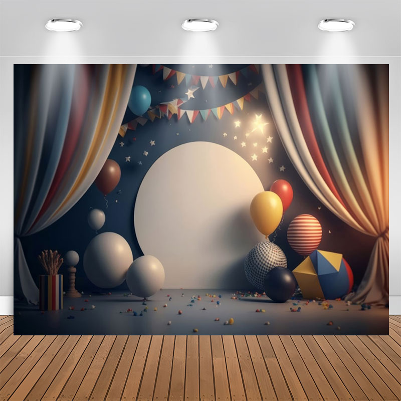 Aperturee - Curtain Dark Blue Balloons 1st Birthday Backdrop