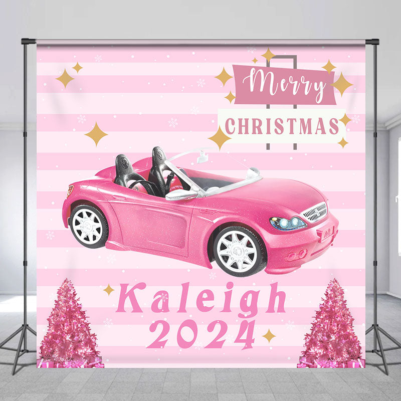 Lofaris Custom Name 2024 Pink Stripes Car Christmas Backdrop