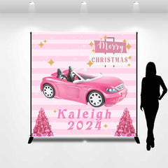 Lofaris Custom Name 2024 Pink Stripes Car Christmas Backdrop