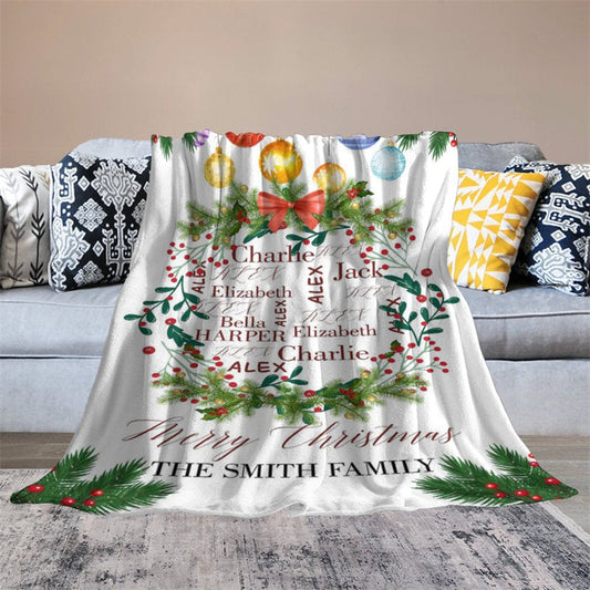 Aperturee - Custom Name Bauble Wreath Family Christmas Blanket