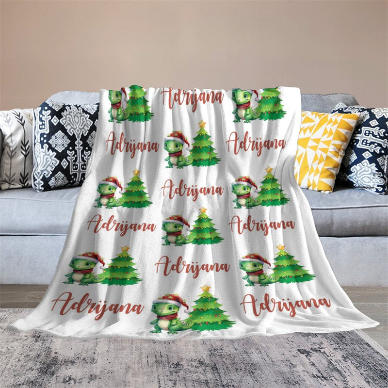 Aperturee - Custom Name Dinosaur Pine Tree Christmas Blanket