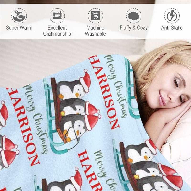 Aperturee - Custom Name Penguin Sleigh Repeat Christmas Blanket