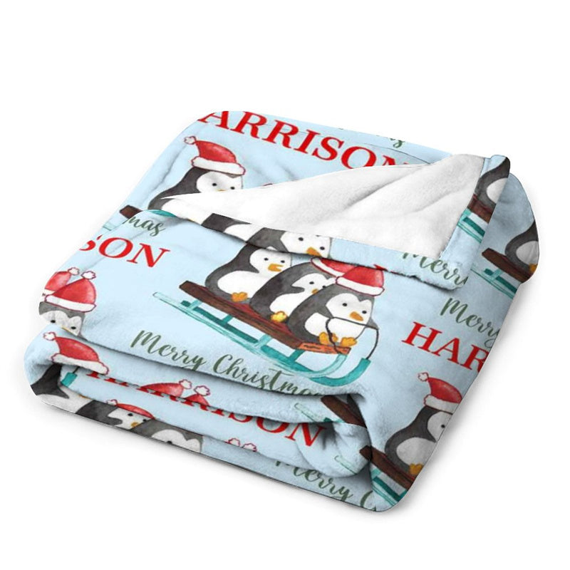 Aperturee - Custom Name Penguin Sleigh Repeat Christmas Blanket
